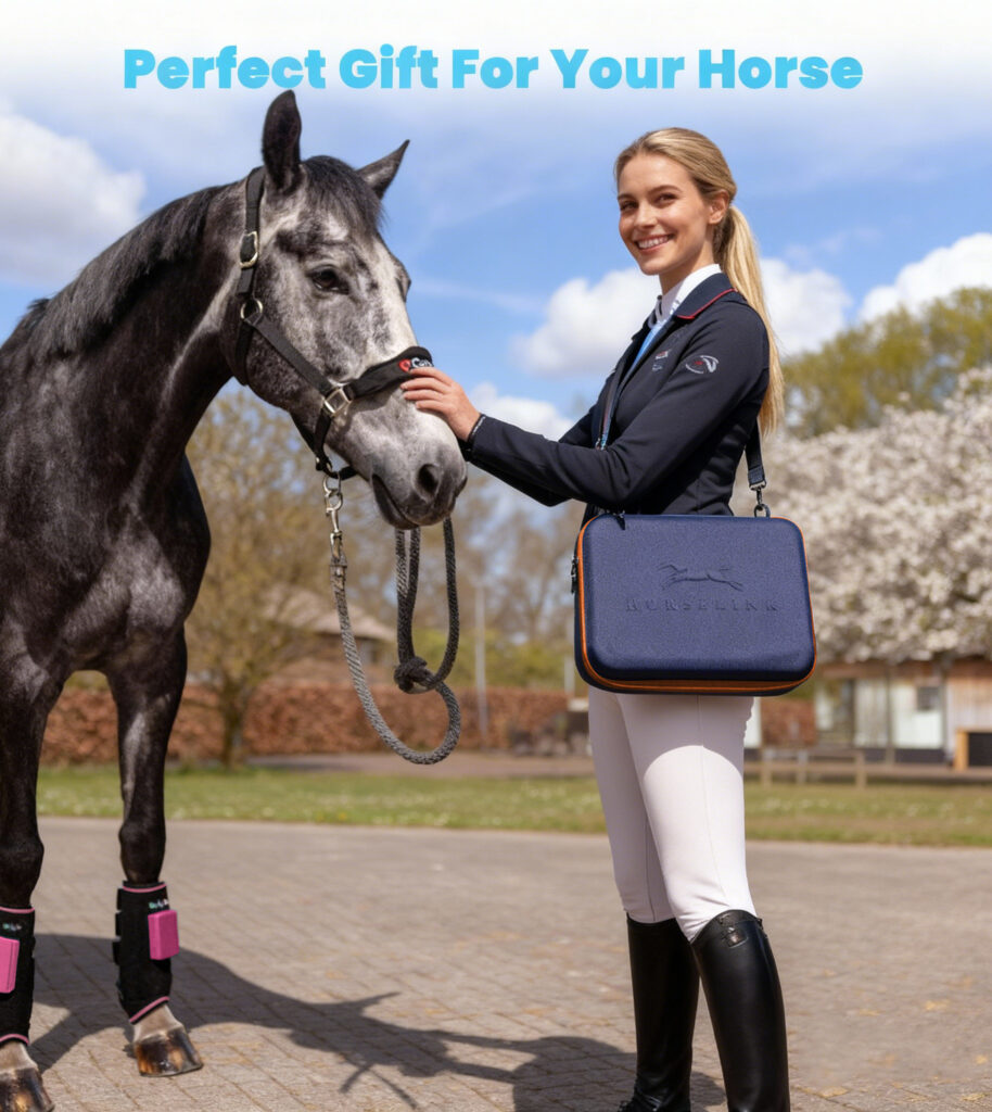 Horse standing steadily with full leg therapy boots wearing scene